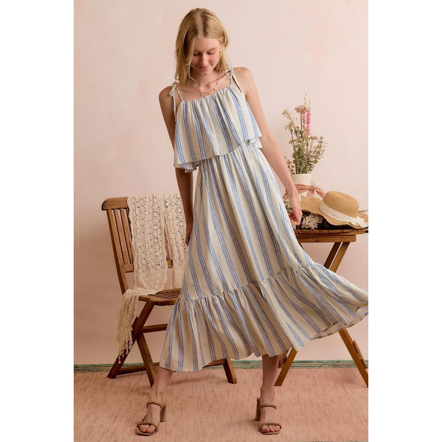 SO ME Stripe Tiered Shoulder Tie Midi Lined Dress Apparel and Accessories