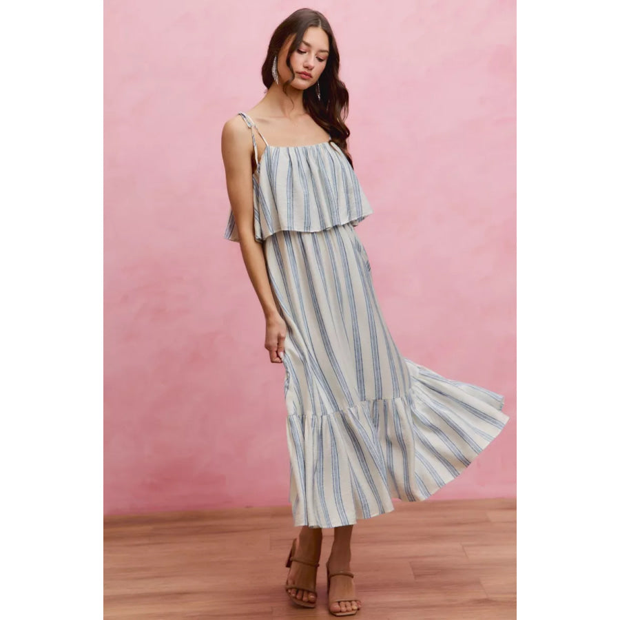 SO ME Stripe Tiered Shoulder Tie Midi Lined Dress Apparel and Accessories