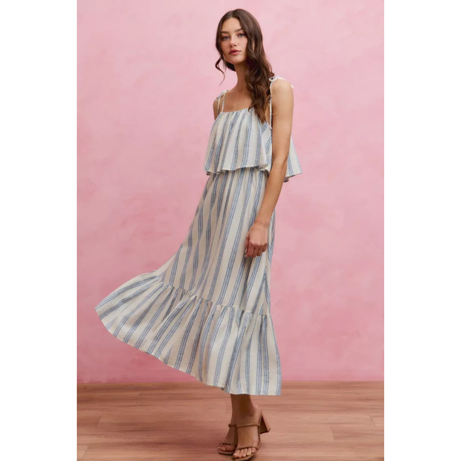SO ME Stripe Tiered Shoulder Tie Midi Lined Dress Apparel and Accessories