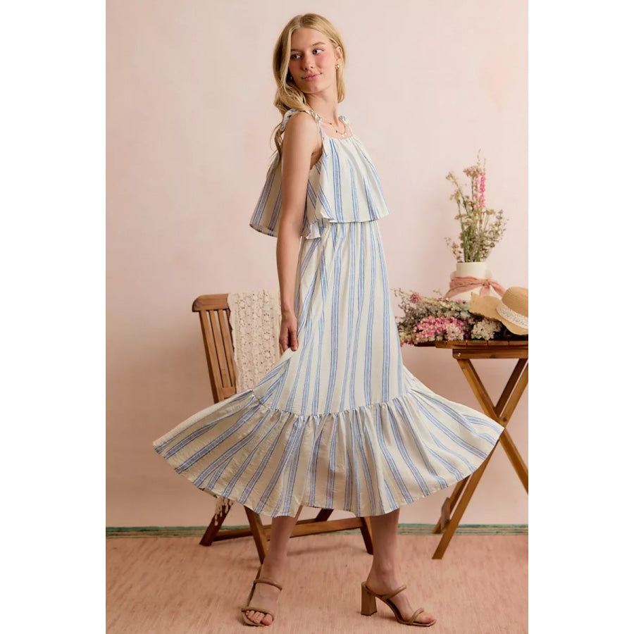 SO ME Stripe Tiered Shoulder Tie Midi Lined Dress Apparel and Accessories