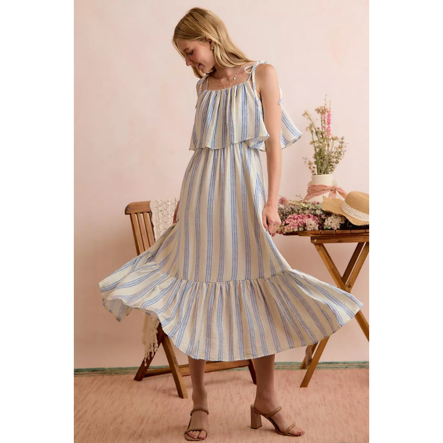 SO ME Stripe Tiered Shoulder Tie Midi Lined Dress Apparel and Accessories