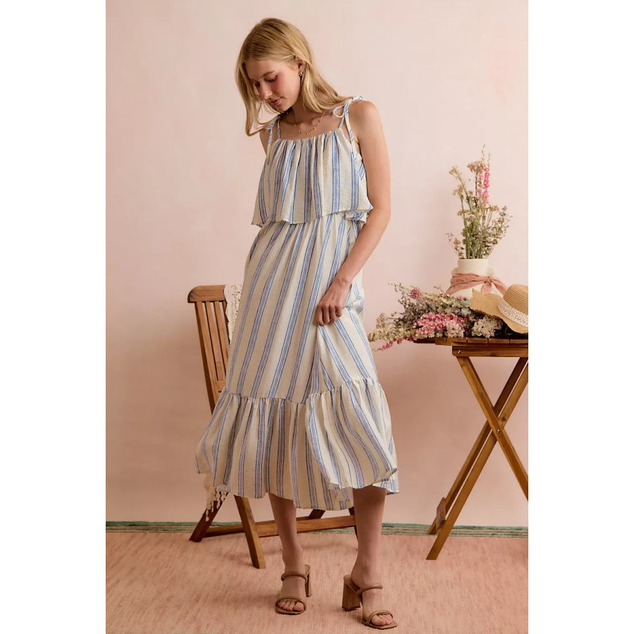 SO ME Stripe Tiered Shoulder Tie Midi Lined Dress Apparel and Accessories