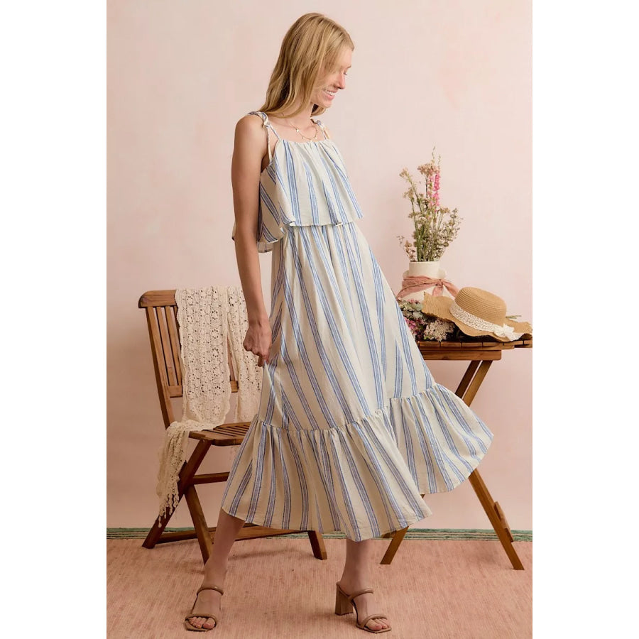 SO ME Stripe Tiered Shoulder Tie Midi Lined Dress Apparel and Accessories