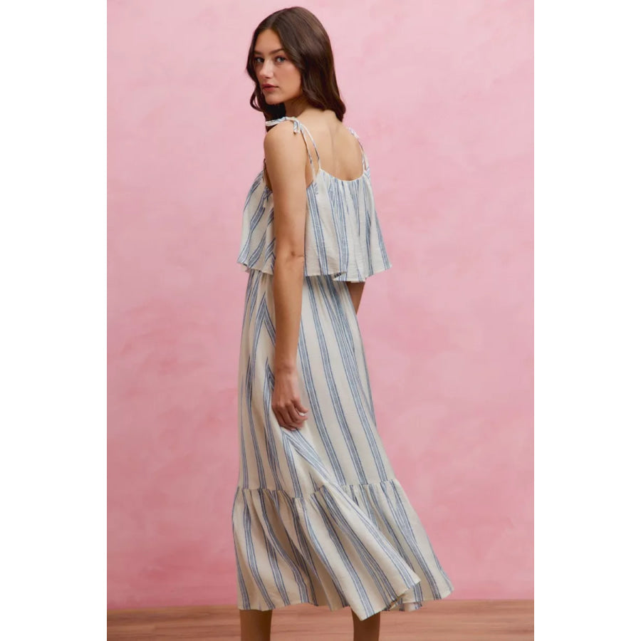 SO ME Stripe Tiered Shoulder Tie Midi Lined Dress WHITE/BLUE / S Apparel and Accessories