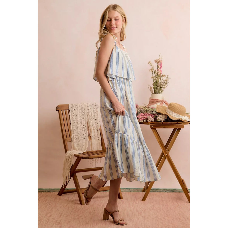 SO ME Stripe Tiered Shoulder Tie Midi Lined Dress Apparel and Accessories