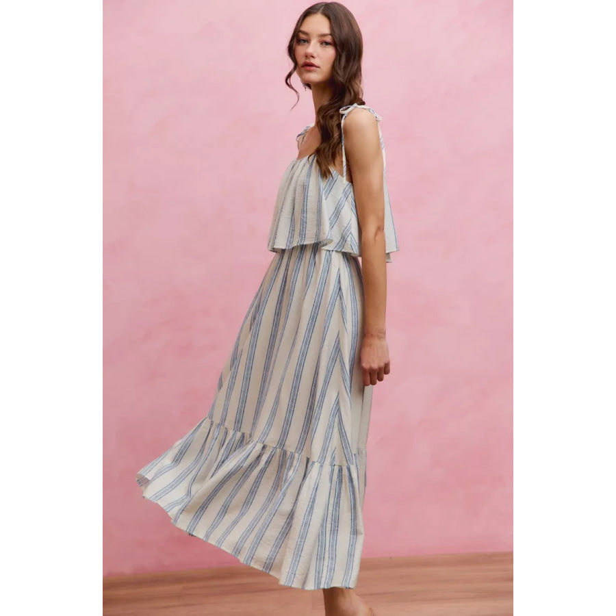 SO ME Stripe Tiered Shoulder Tie Midi Lined Dress Apparel and Accessories