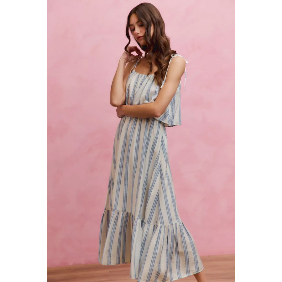 SO ME Stripe Tiered Shoulder Tie Midi Lined Dress Apparel and Accessories