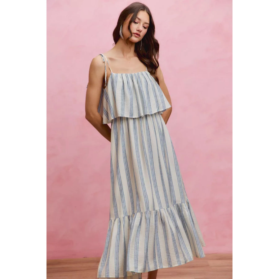 SO ME Stripe Tiered Shoulder Tie Midi Lined Dress Apparel and Accessories