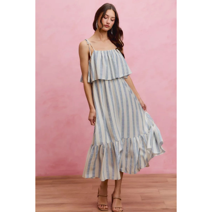 SO ME Stripe Tiered Shoulder Tie Midi Lined Dress WHITE/BLUE / S Apparel and Accessories