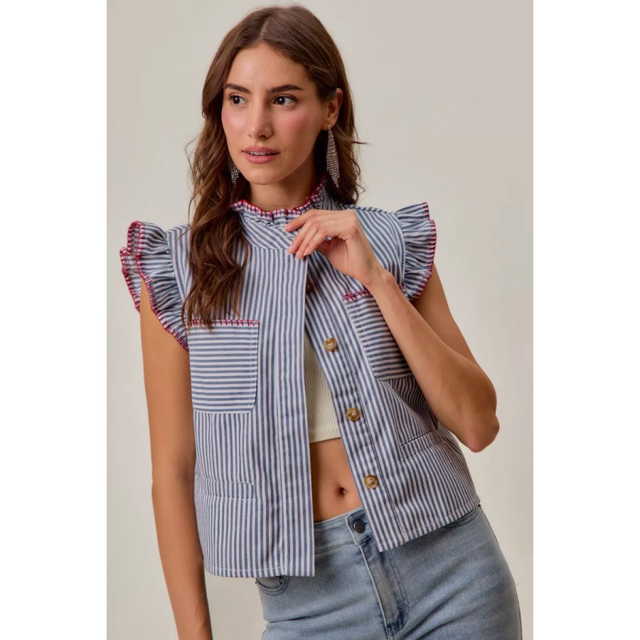 SO ME Stripe Twill Stitch Ruffled Hidden Button Vest Top Apparel and Accessories