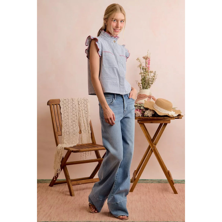 SO ME Stripe Twill Stitch Ruffled Hidden Button Vest Top Apparel and Accessories