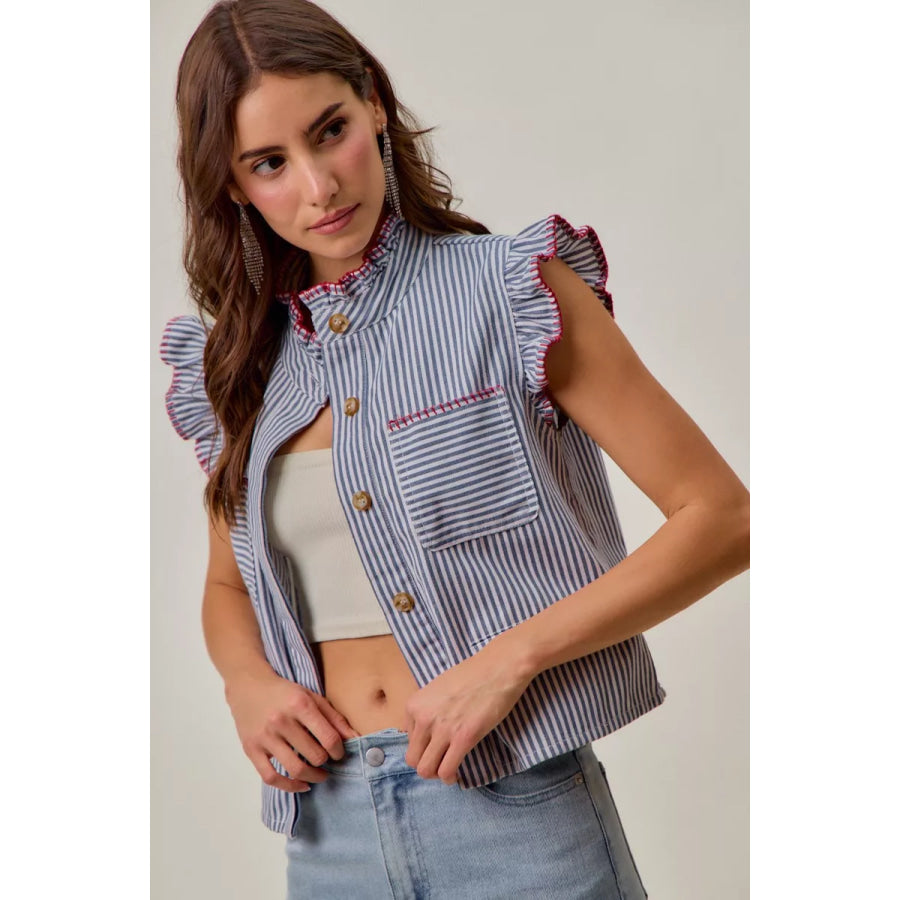 SO ME Stripe Twill Stitch Ruffled Hidden Button Vest Top Apparel and Accessories
