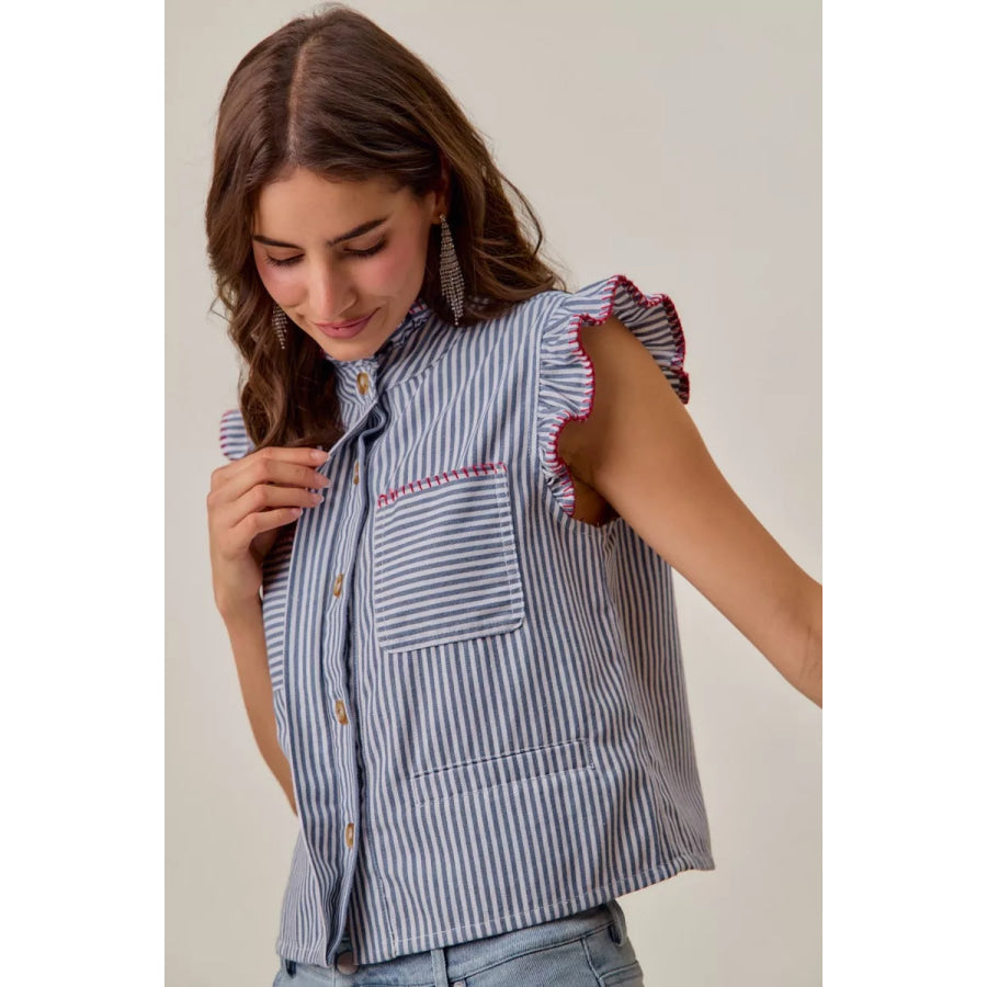 SO ME Stripe Twill Stitch Ruffled Hidden Button Vest Top Apparel and Accessories