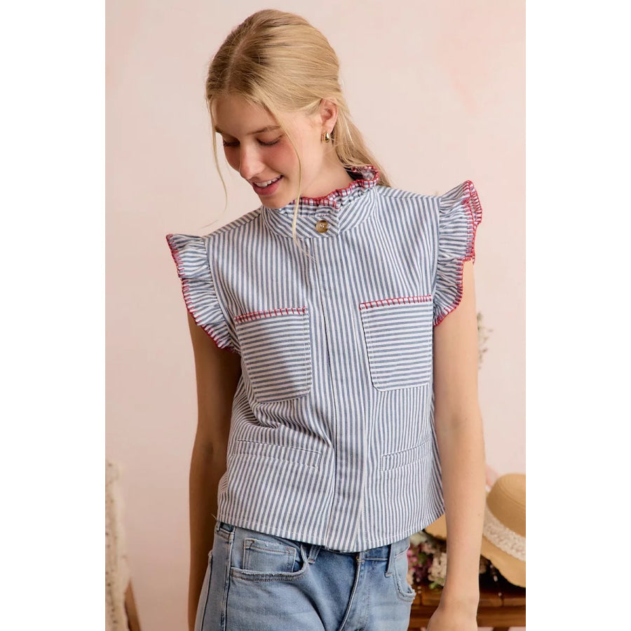SO ME Stripe Twill Stitch Ruffled Hidden Button Vest Top Apparel and Accessories