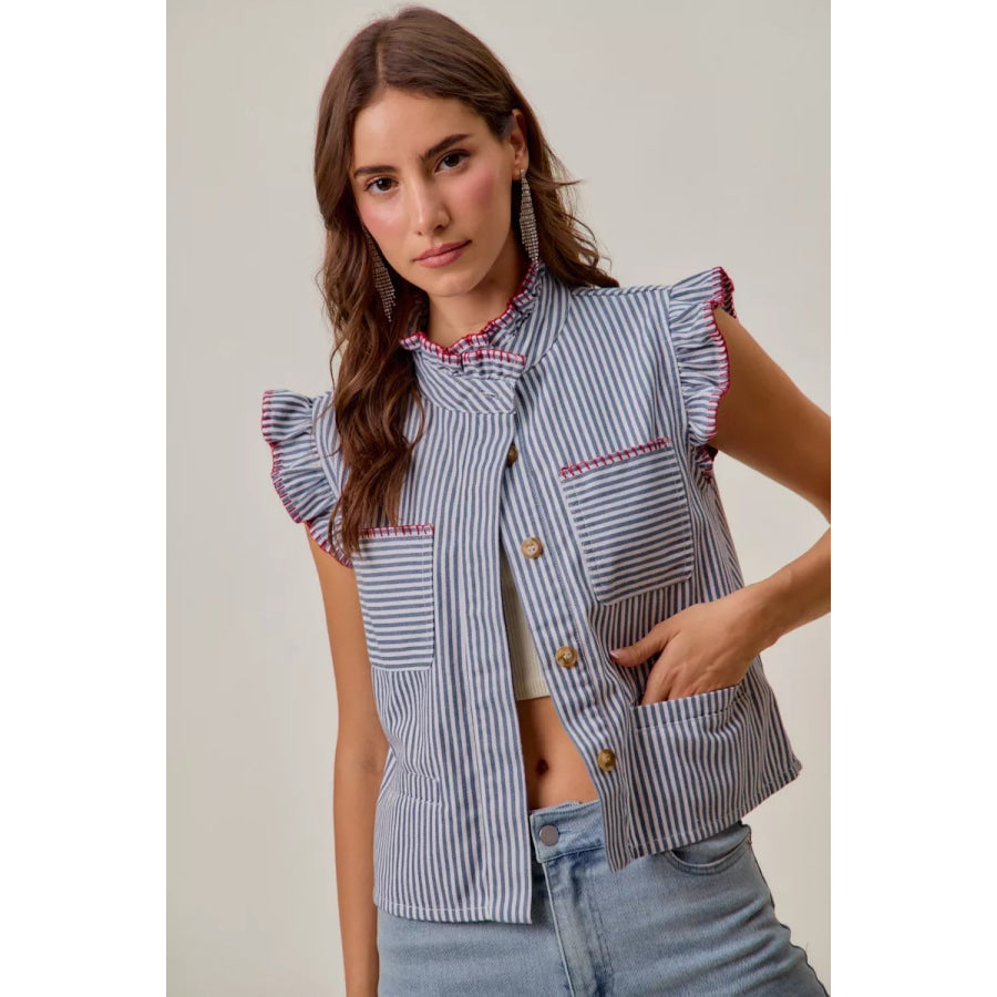 SO ME Stripe Twill Stitch Ruffled Hidden Button Vest Top Apparel and Accessories