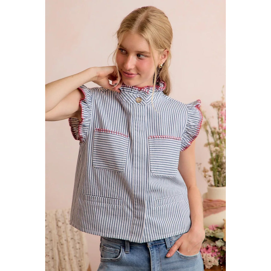 SO ME Stripe Twill Stitch Ruffled Hidden Button Vest Top Apparel and Accessories
