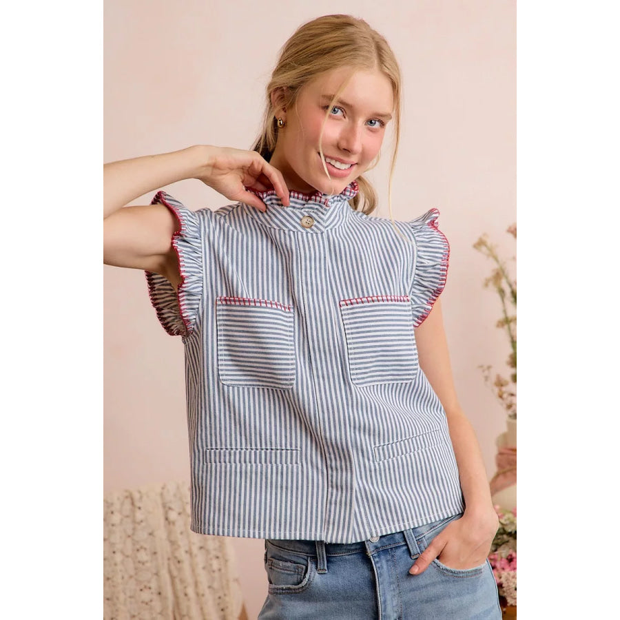 SO ME Stripe Twill Stitch Ruffled Hidden Button Vest Top Apparel and Accessories