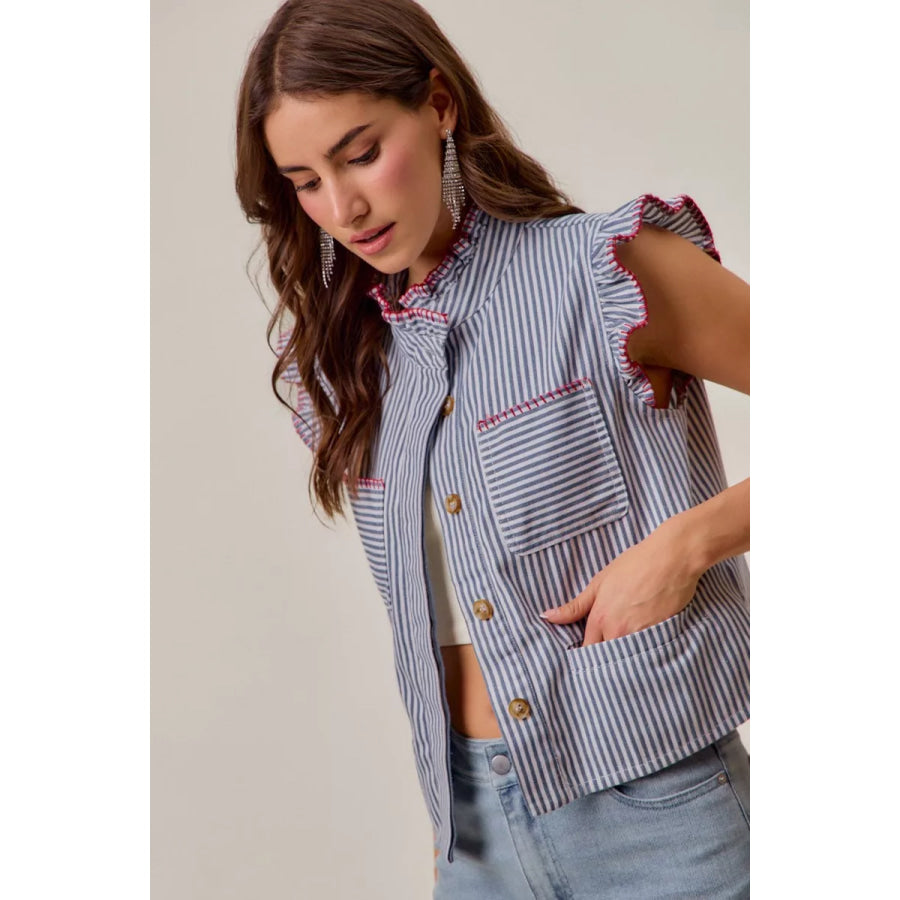 SO ME Stripe Twill Stitch Ruffled Hidden Button Vest Top Apparel and Accessories