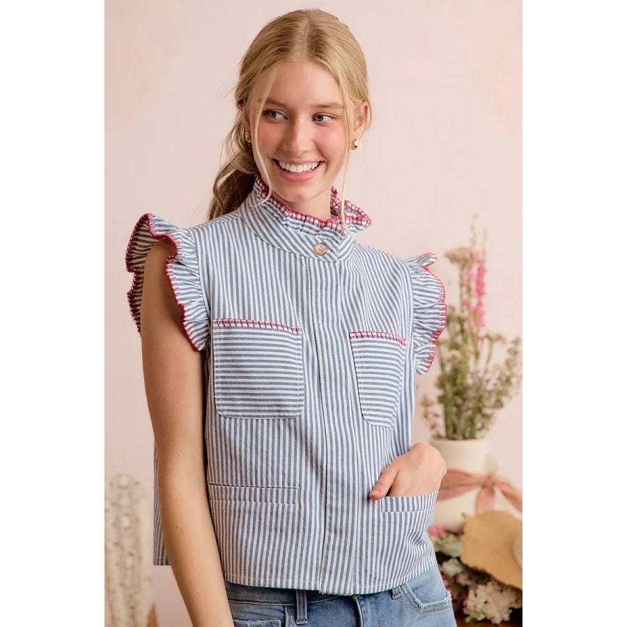SO ME Stripe Twill Stitch Ruffled Hidden Button Vest Top Apparel and Accessories