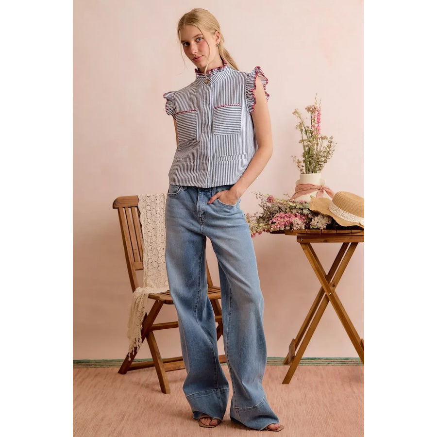 SO ME Stripe Twill Stitch Ruffled Hidden Button Vest Top Apparel and Accessories