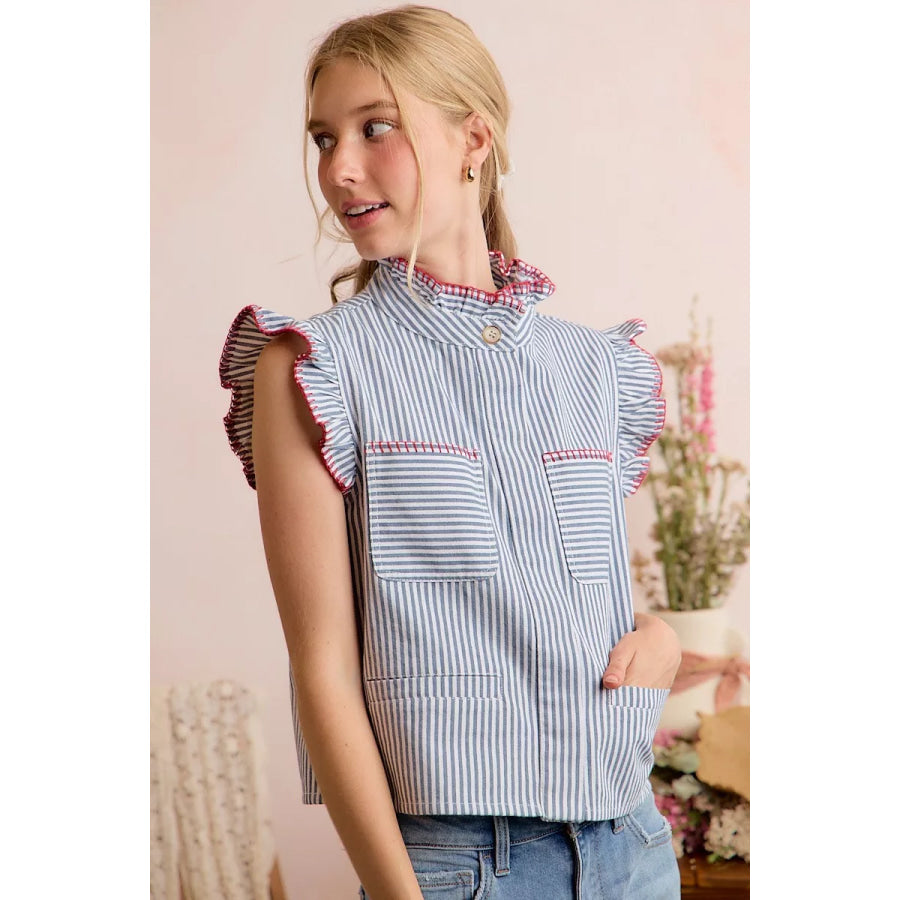 SO ME Stripe Twill Stitch Ruffled Hidden Button Vest Top Apparel and Accessories