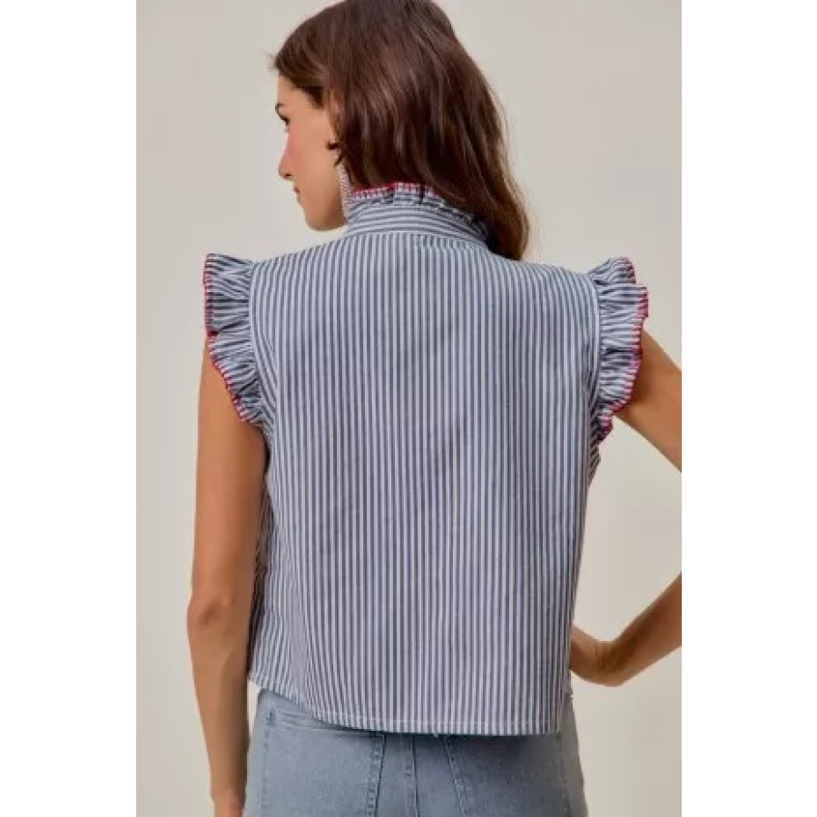 SO ME Stripe Twill Stitch Ruffled Hidden Button Vest Top Apparel and Accessories