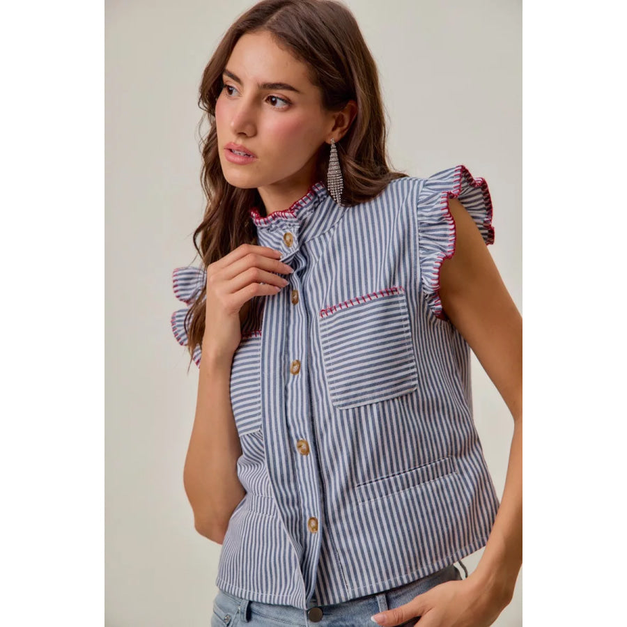 SO ME Stripe Twill Stitch Ruffled Hidden Button Vest Top Apparel and Accessories