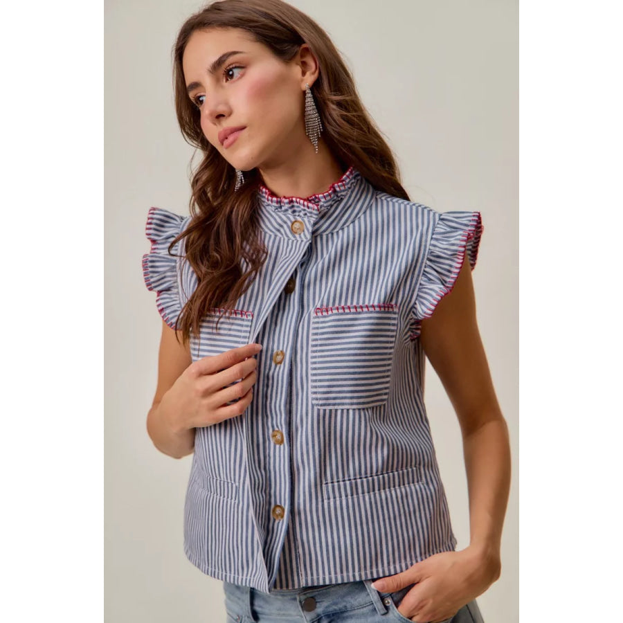SO ME Stripe Twill Stitch Ruffled Hidden Button Vest Top Apparel and Accessories