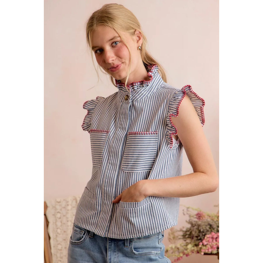 SO ME Stripe Twill Stitch Ruffled Hidden Button Vest Top Apparel and Accessories