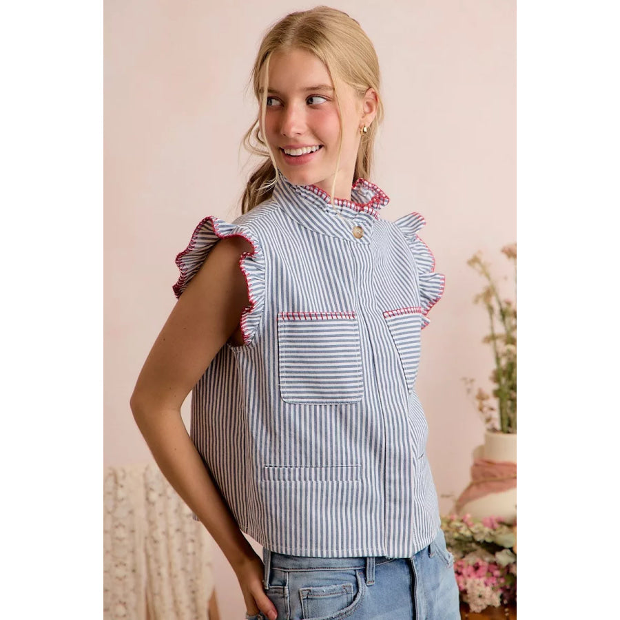SO ME Stripe Twill Stitch Ruffled Hidden Button Vest Top Apparel and Accessories