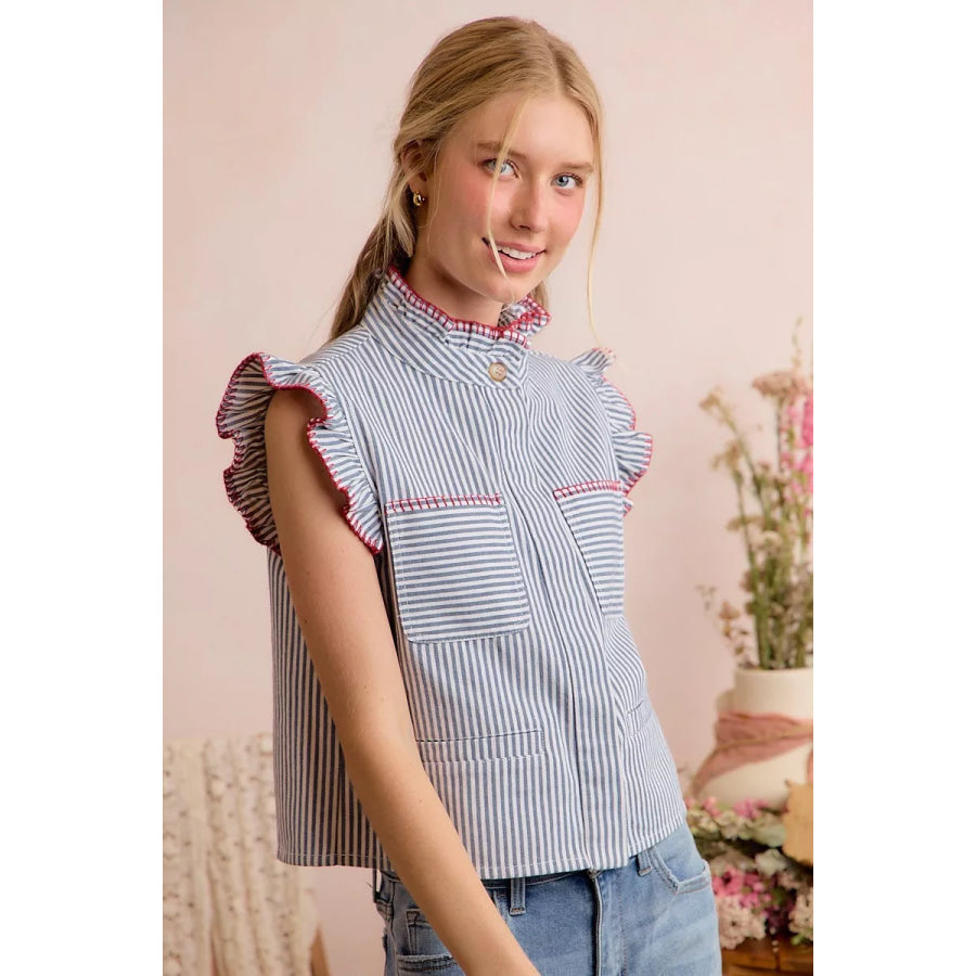 SO ME Stripe Twill Stitch Ruffled Hidden Button Vest Top Apparel and Accessories