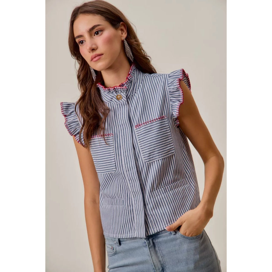 SO ME Stripe Twill Stitch Ruffled Hidden Button Vest Top Blue/Red / S Apparel and Accessories