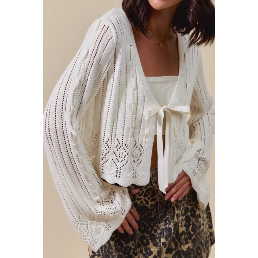 SO ME Textured Sweater Open Front Ribbon Tie Cardigan Apparel and Accessories