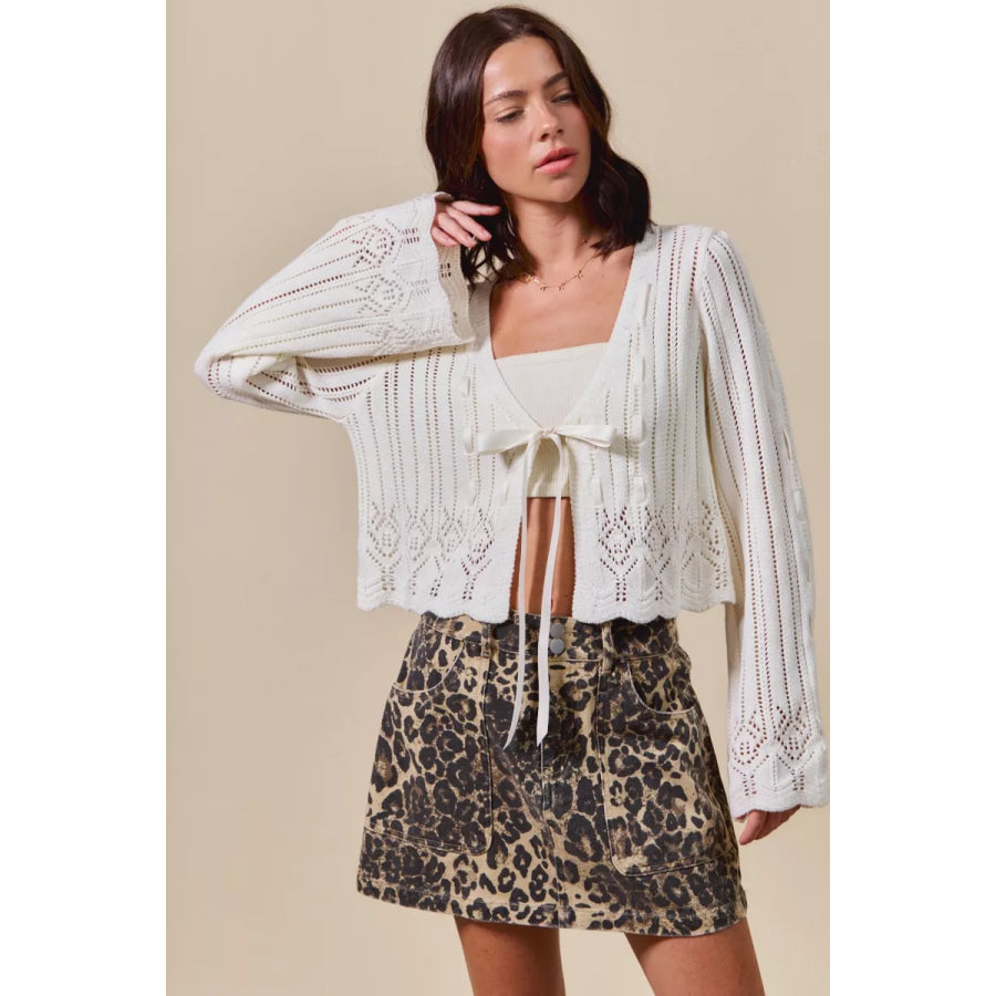 SO ME Textured Sweater Open Front Ribbon Tie Cardigan Off White / S Apparel and Accessories
