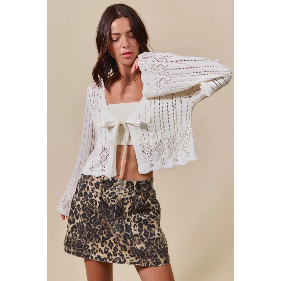 SO ME Textured Sweater Open Front Ribbon Tie Cardigan Apparel and Accessories