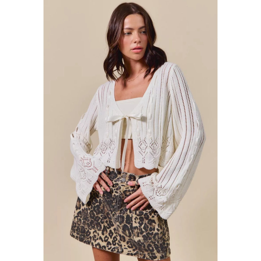 SO ME Textured Sweater Open Front Ribbon Tie Cardigan Apparel and Accessories
