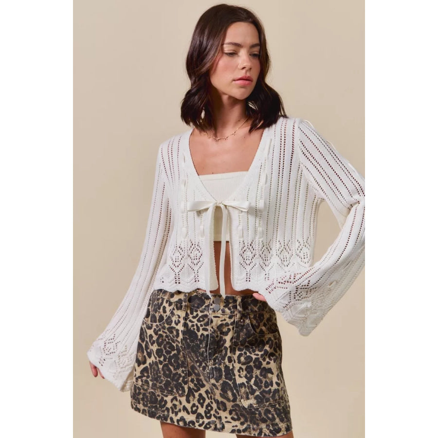 SO ME Textured Sweater Open Front Ribbon Tie Cardigan Off White / S Apparel and Accessories