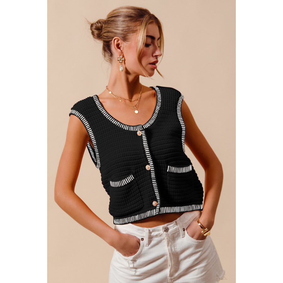 SO ME Textured Sweater Vest Top With Pockets BLACK / S Apparel and Accessories