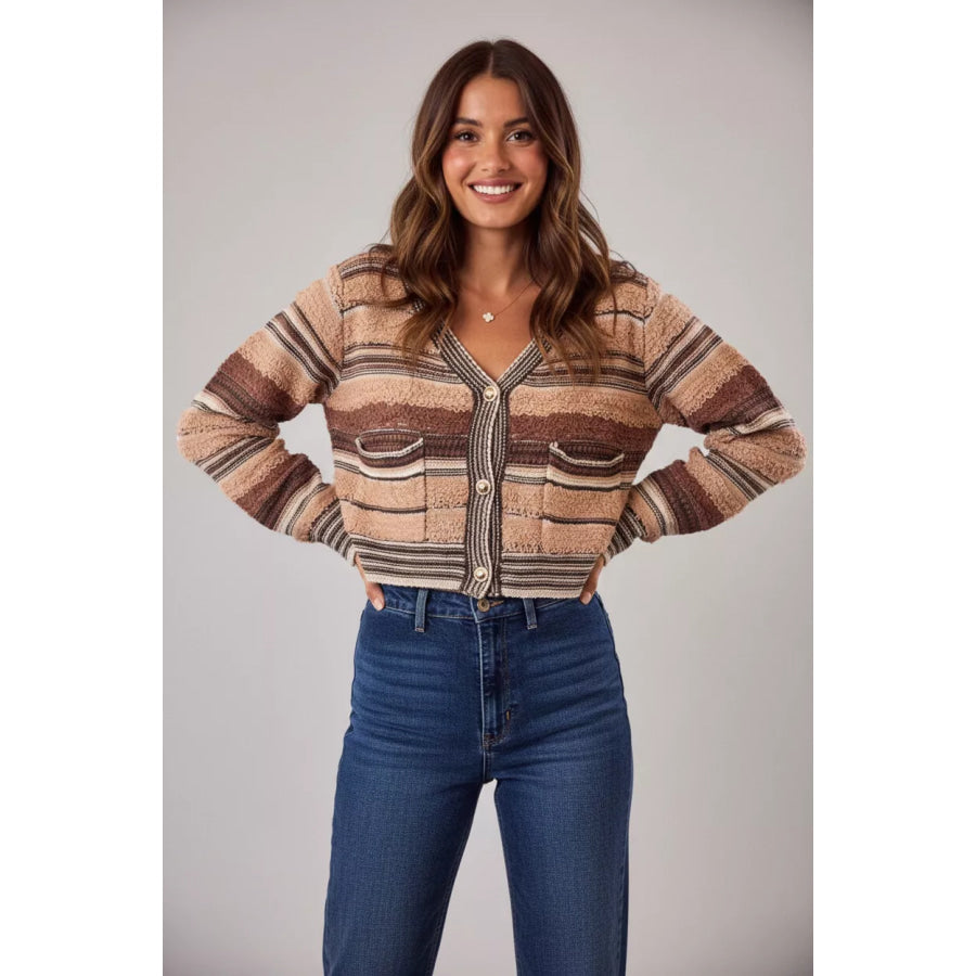 SO ME Textured Variegated Multi Color Cardigan CHARCOAL BROWN / S Apparel and Accessories