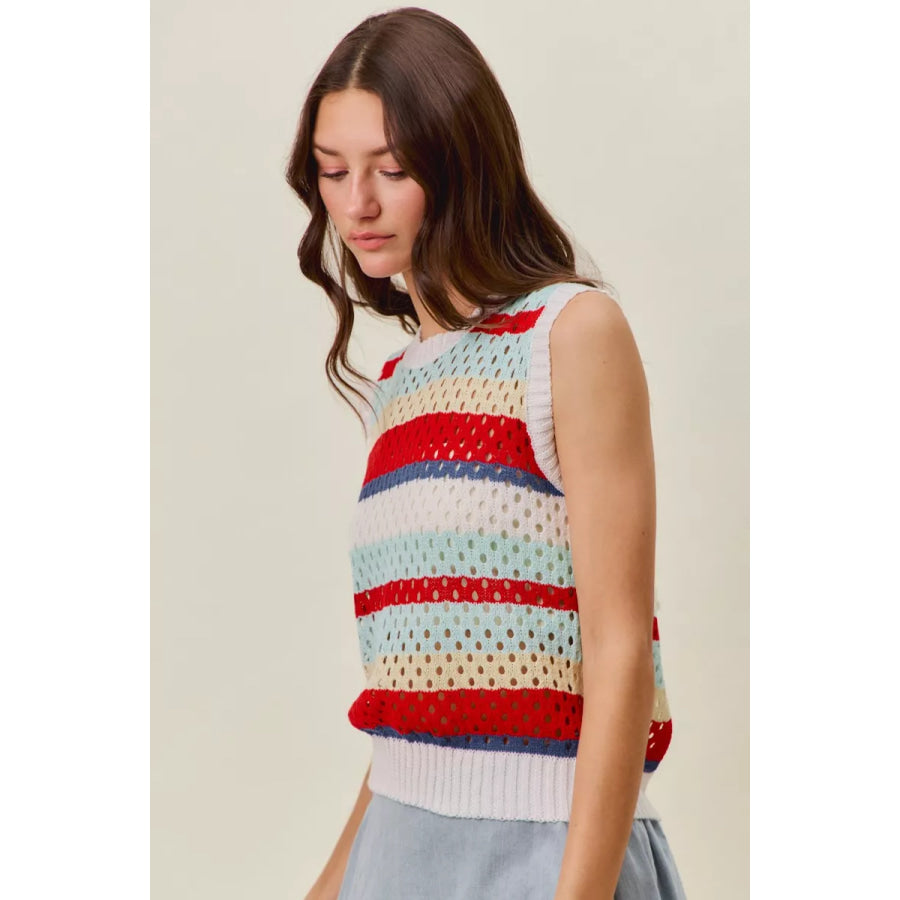 SO ME Tie Back Multi Stripe Sweater Knit Tank Top RED MULTI / S Apparel and Accessories