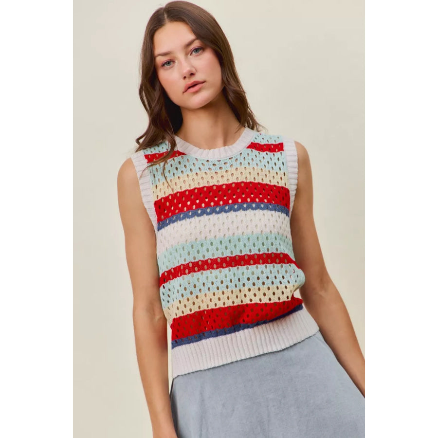 SO ME Tie Back Multi Stripe Sweater Knit Tank Top Apparel and Accessories
