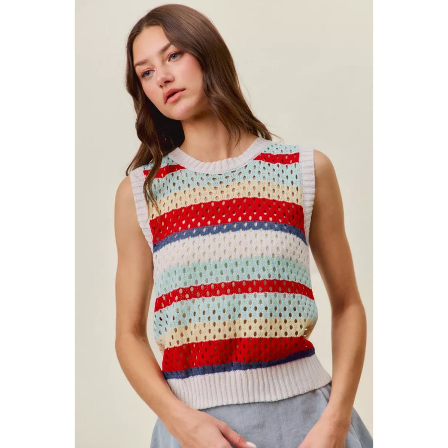 SO ME Tie Back Multi Stripe Sweater Knit Tank Top RED MULTI / S Apparel and Accessories