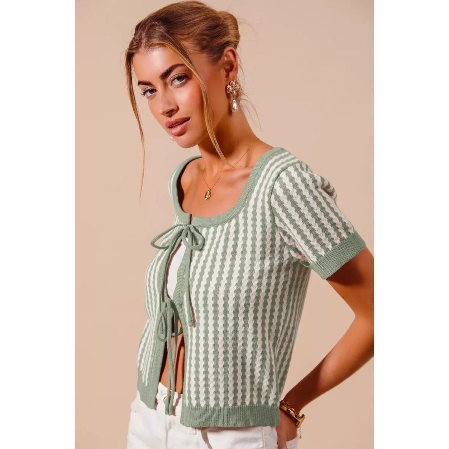 SO ME Tie Front Textured Vertical Stripe Knit Cardigan SAGE/OFF WHITE / S Apparel and Accessories