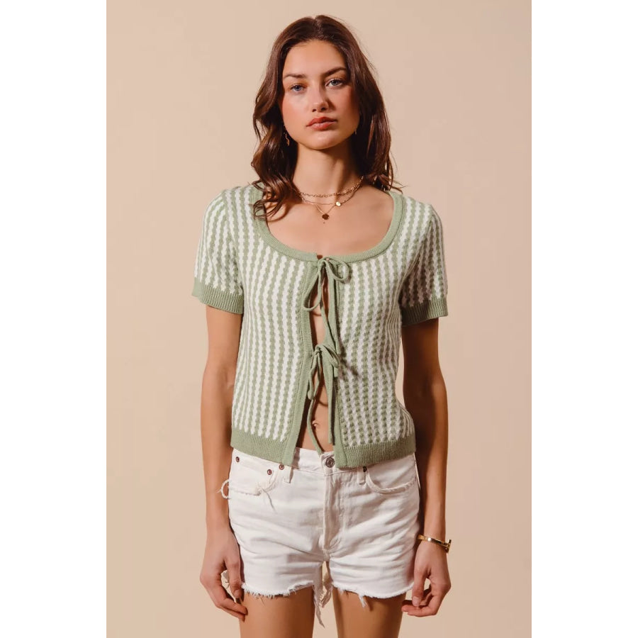 SO ME Tie Front Textured Vertical Stripe Knit Cardigan SAGE/OFF WHITE / S Apparel and Accessories
