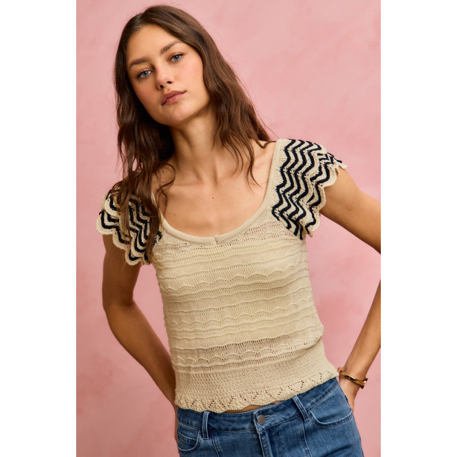 SO ME Wavy Textured Knit Top With Fluttered Sleeves Apparel and Accessories