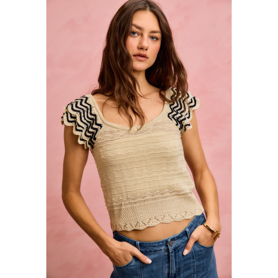 SO ME Wavy Textured Knit Top With Fluttered Sleeves Apparel and Accessories