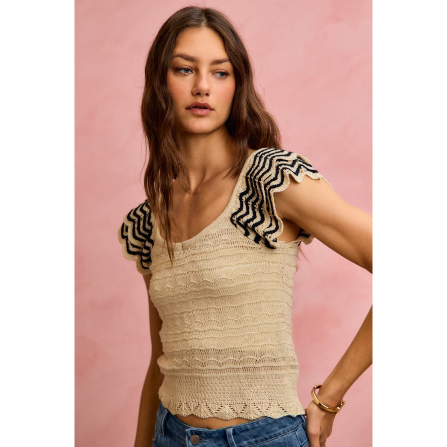 SO ME Wavy Textured Knit Top With Fluttered Sleeves Apparel and Accessories