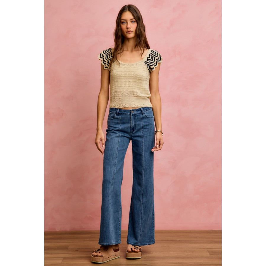 SO ME Wavy Textured Knit Top With Fluttered Sleeves Apparel and Accessories