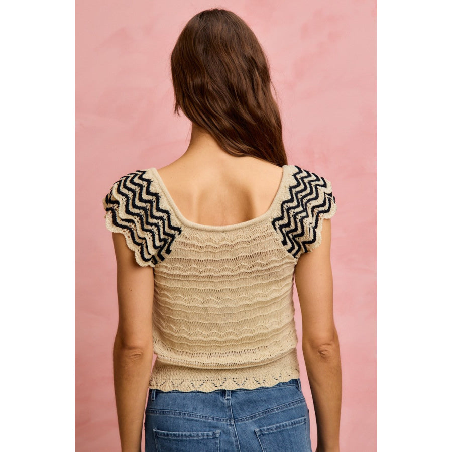 SO ME Wavy Textured Knit Top With Fluttered Sleeves Apparel and Accessories