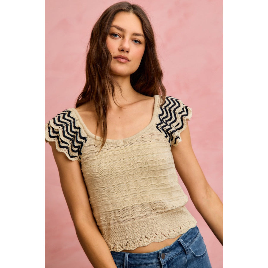 SO ME Wavy Textured Knit Top With Fluttered Sleeves Apparel and Accessories
